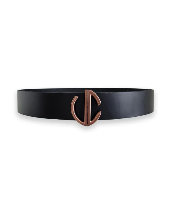 Vainqueur Cheval black leather belt with rosé metal buckle